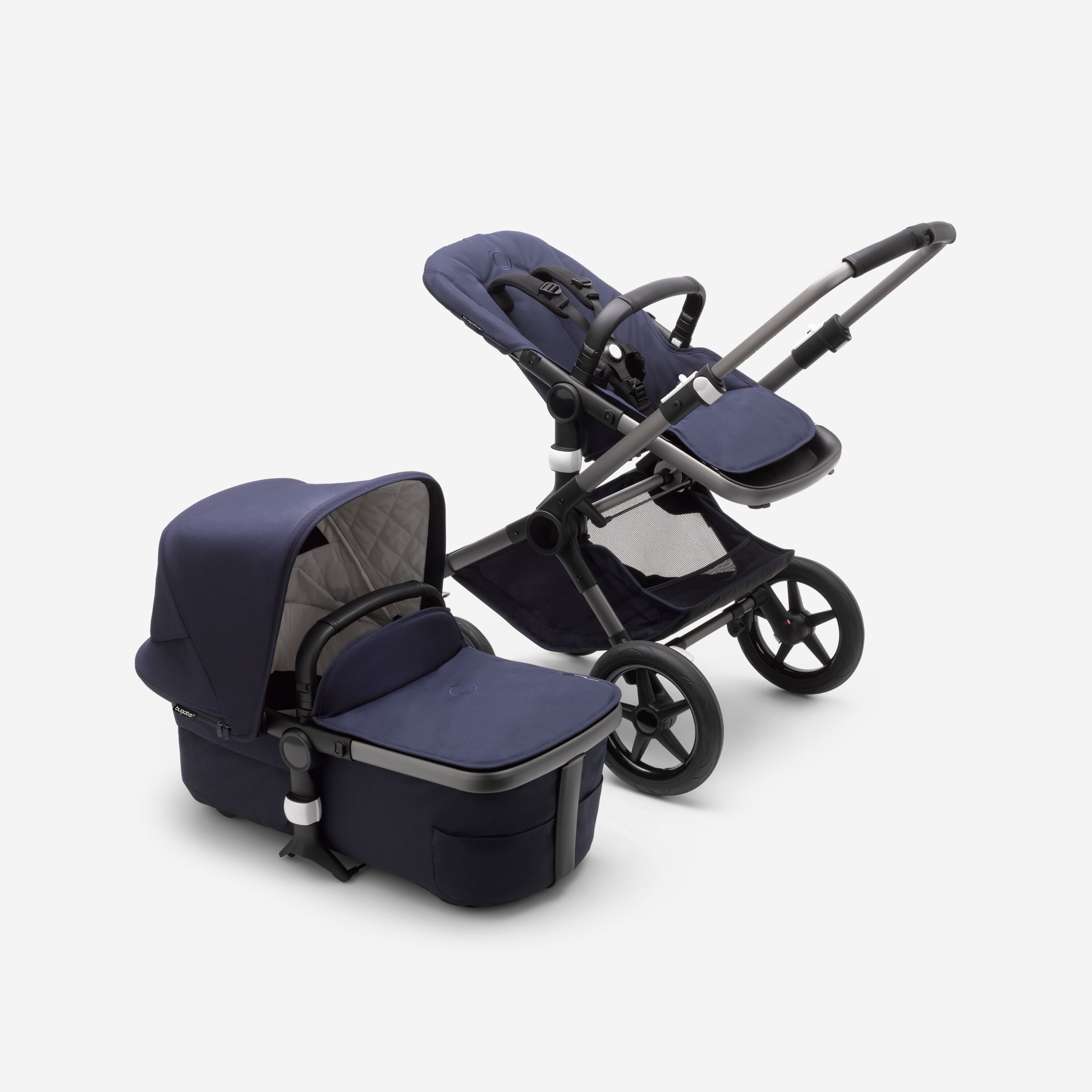 Bugaboo Fox 3 carrycot and seat pushchair with graphite frame, dark navy fabrics, and dark navy sun canopy. - Main Modal Image Slide 5 of 13
