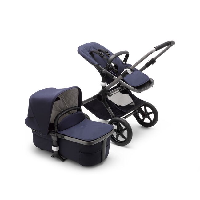 Bugaboo Fox 3 carrycot and seat pushchair with graphite frame, dark navy fabrics, and dark navy sun canopy. - Main Image Slide 5 of 13