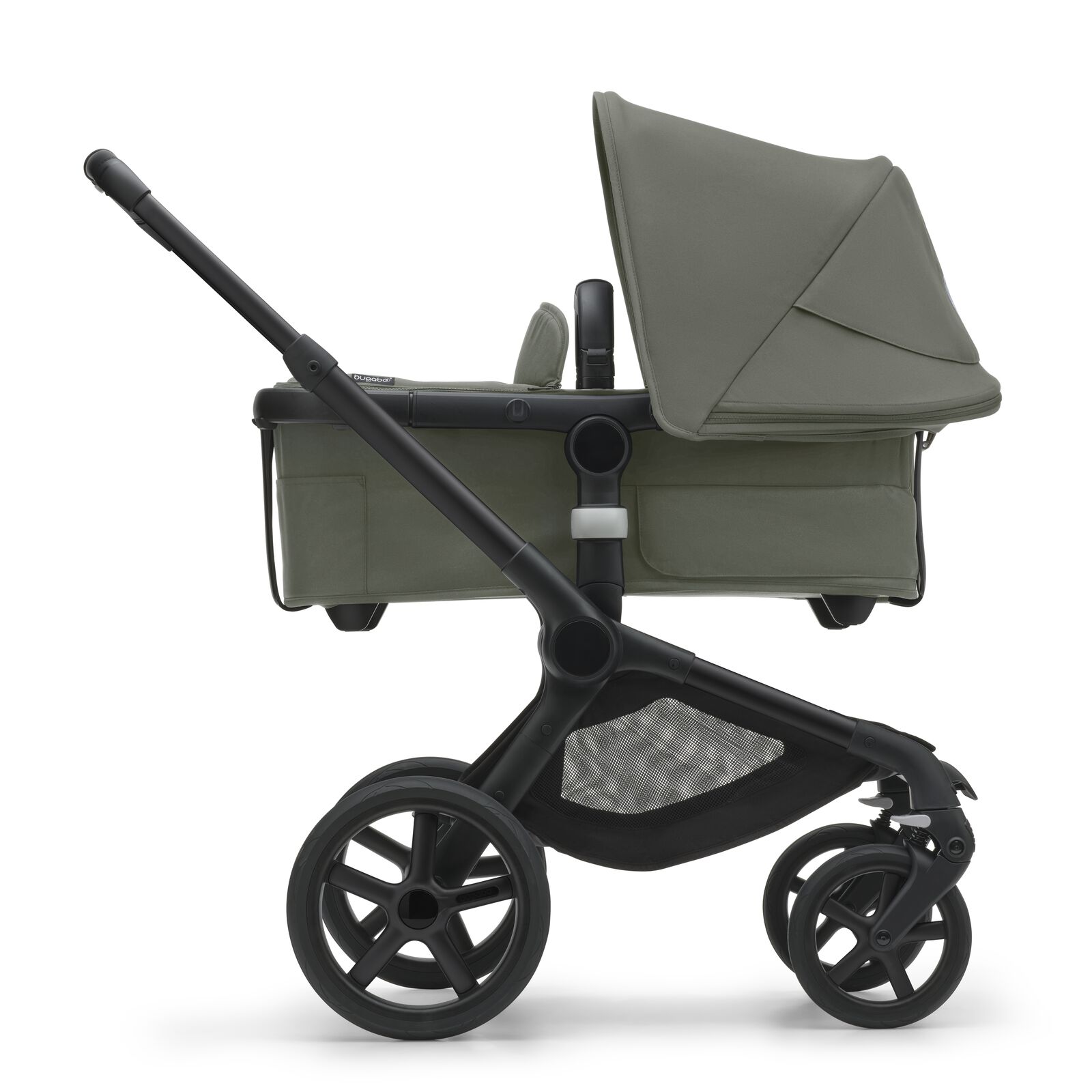 Bugaboo Fox 5 bassinet and seat stroller black base, forest green fabrics, forest green sun canopy