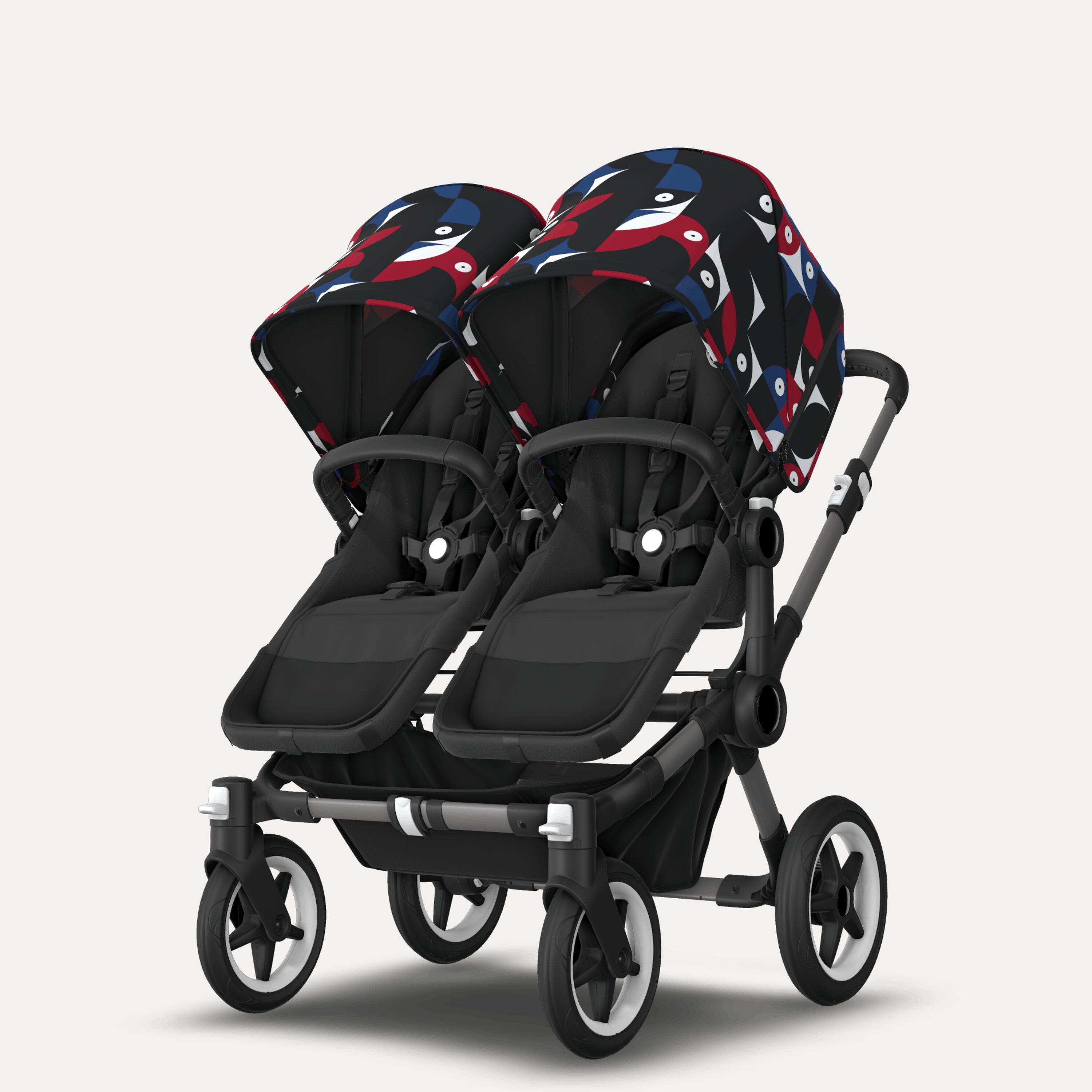 Bugaboo Donkey 5 twin stroller graphite base, midnight black fabrics, animal explorer red/blue sun canopy - Main Modal Image Slide 2 of 12