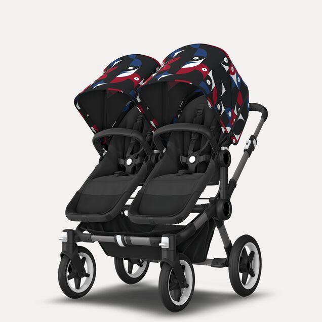 Bugaboo Donkey 5 twin stroller graphite base, midnight black fabrics, animal explorer red/blue sun canopy - Main Image Slide 2 of 12