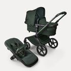 Bugaboo Fox 5 Noir Limited Edition bassinet and seat stroller, with Midnight Green chassis, Midnight Green fabrics, and Midnight Green sun canopy.