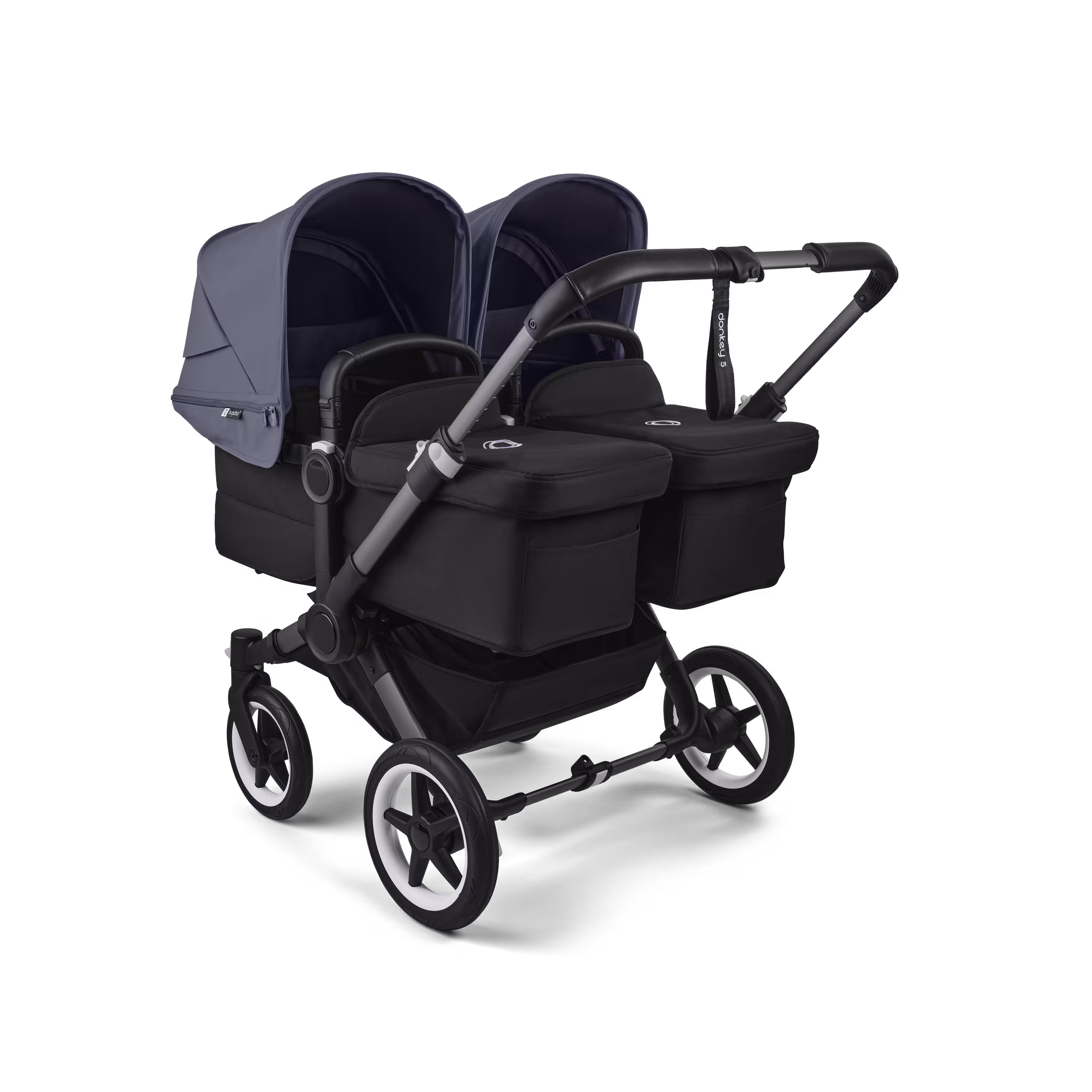 Bugaboo Donkey 5 twin stroller graphite base, midnight black fabrics, stormy blue sun canopy - Main Modal Image Slide 1 of 12