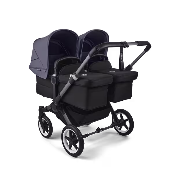 Bugaboo Donkey 5 twin stroller graphite base, midnight black fabrics, stormy blue sun canopy - Main Image Slide 1 of 12