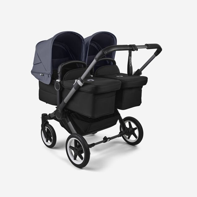 Bugaboo Donkey 5 twin stroller graphite base, midnight black fabrics, stormy blue sun canopy - Main Image Slide 1 of 12