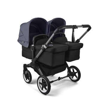 Bugaboo Donkey 5 twin stroller graphite base, midnight black fabrics, stormy blue sun canopy