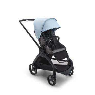 Poussette Bugaboo Dragonfly avec siège, châssis noir, housse gris chiné et capote bleu horizon.