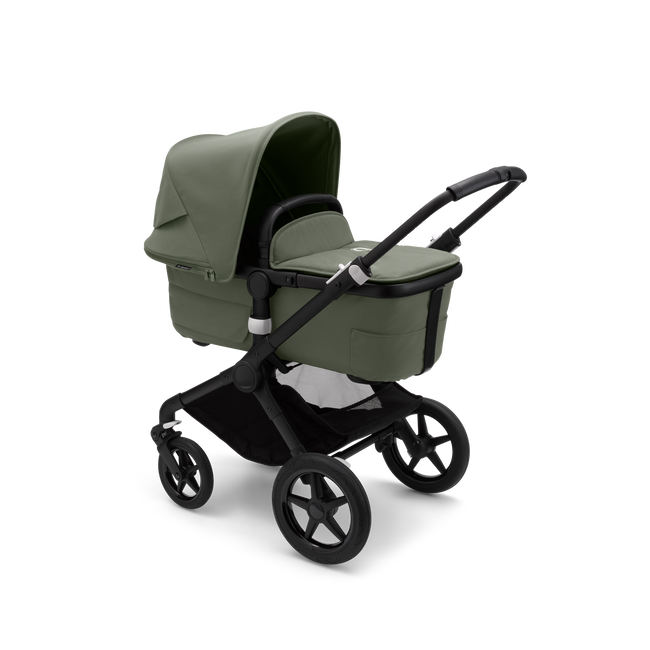 Bugaboo Fox 3 bassinet stroller with black frame, forest green fabrics, and forest green sun canopy.
