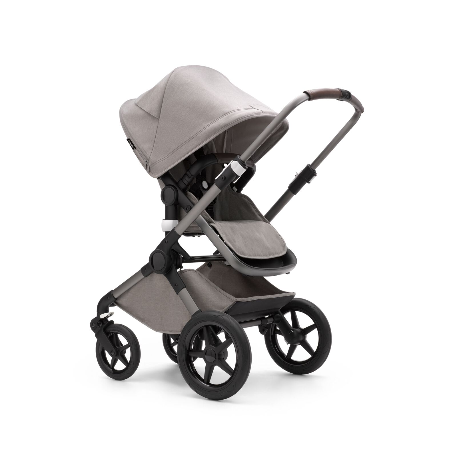 Bugaboo Fox 3 seat stroller with graphite frame, light grey fabrics and light grey sun canopy.