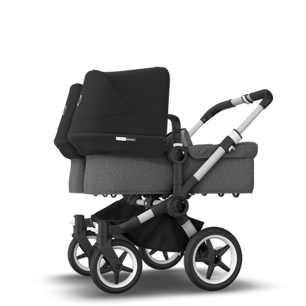 Bugaboo Donkey 3 Twin seat and carrycot pushchair black sun canopy, grey melange fabrics, aluminium base