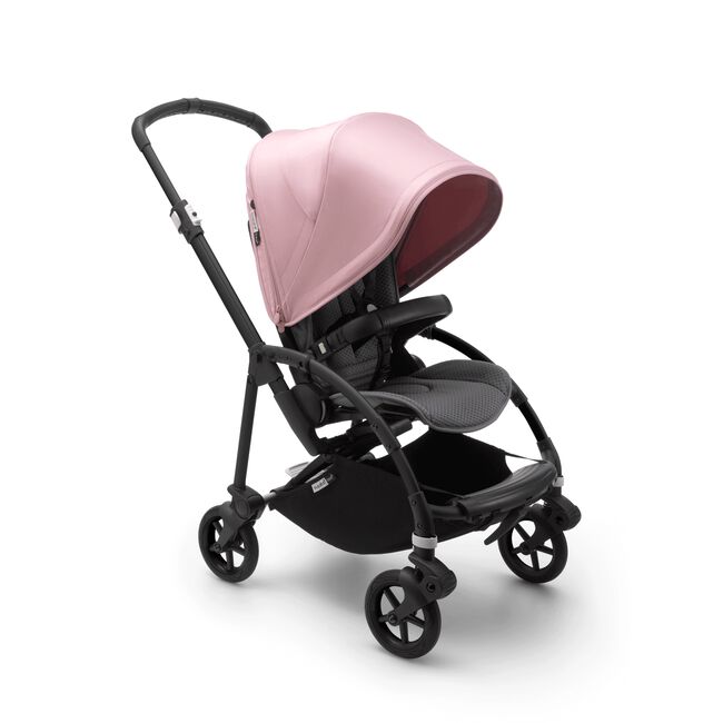 Bugaboo Bee 6 seat stroller soft pink sun canopy, grey mélange fabrics, black base