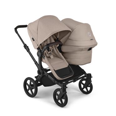 Bugaboo Donkey 6 double stroller black base, desert taupe melange fabrics, desert taupe melange sun canopy