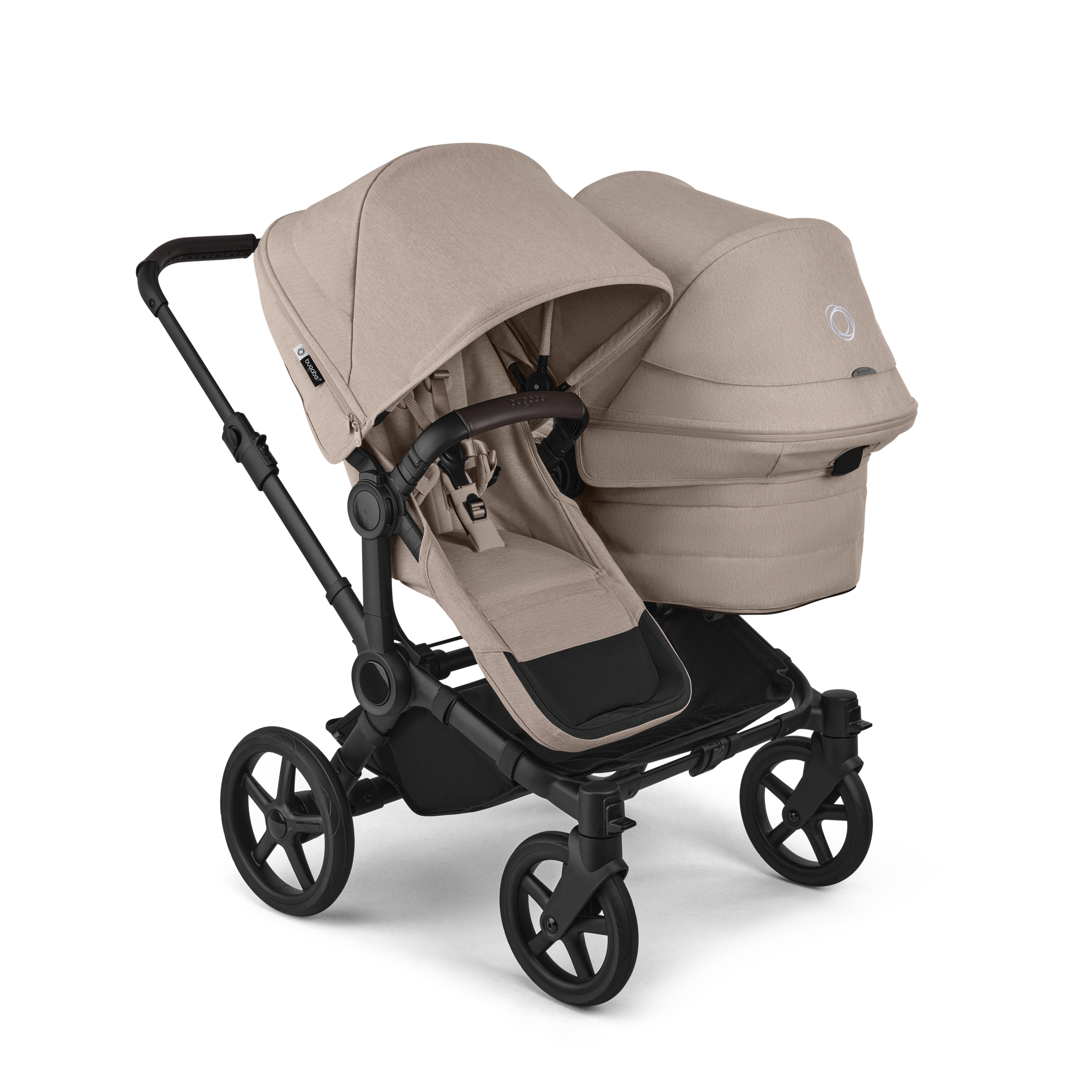 Bugaboo Donkey 6 double stroller black base, desert taupe melange fabrics, desert taupe melange sun canopy - Thumbnail Slide 1 of 10