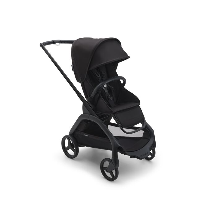 Bugaboo Dragonfly seat stroller with black chassis, midnight black fabrics and midnight black sun canopy.