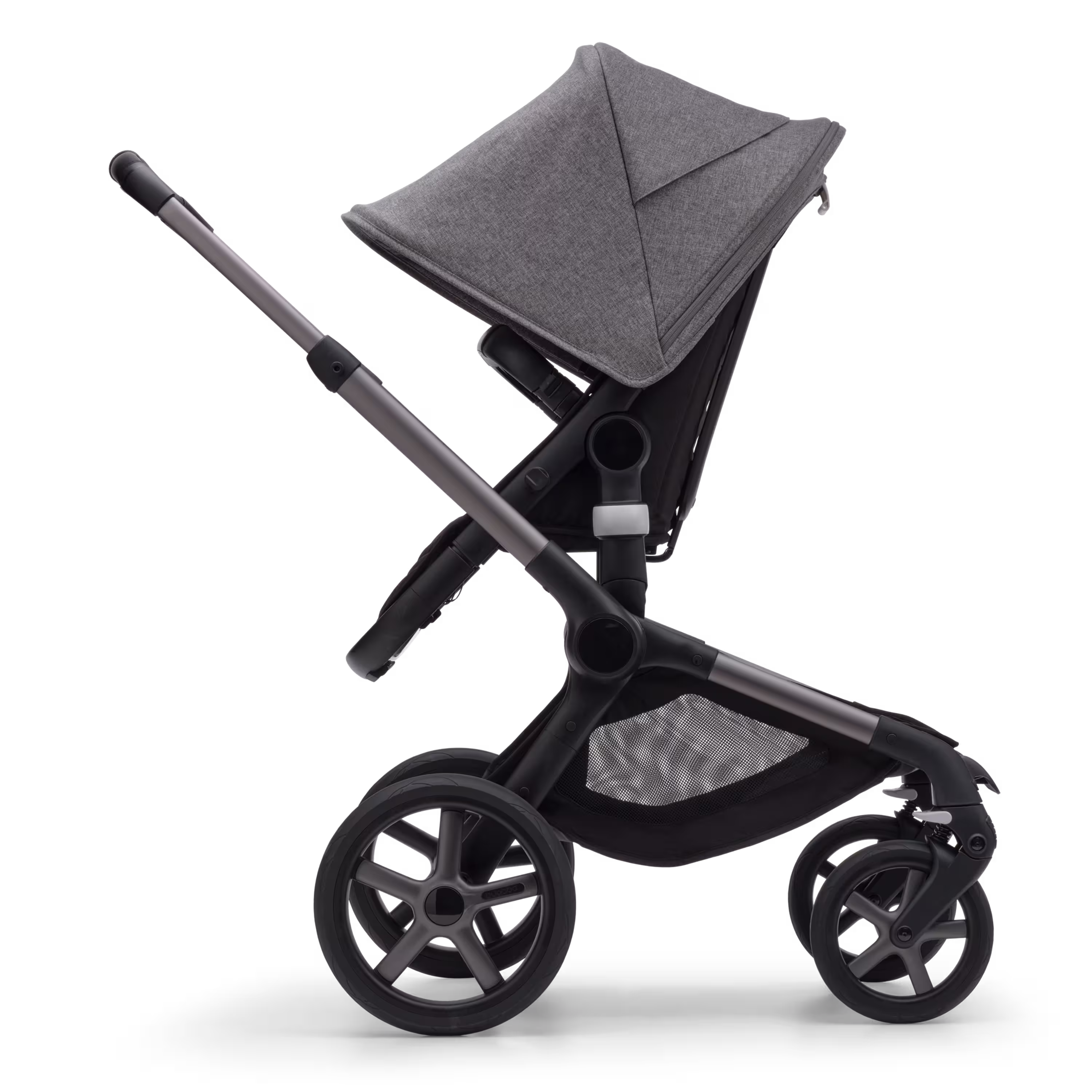 Side view of the Bugaboo Fox 5 seat pushchair with graphite chassis, midnight black fabrics and grey melange sun canopy. - Main Modal Image Slide 3 of 13