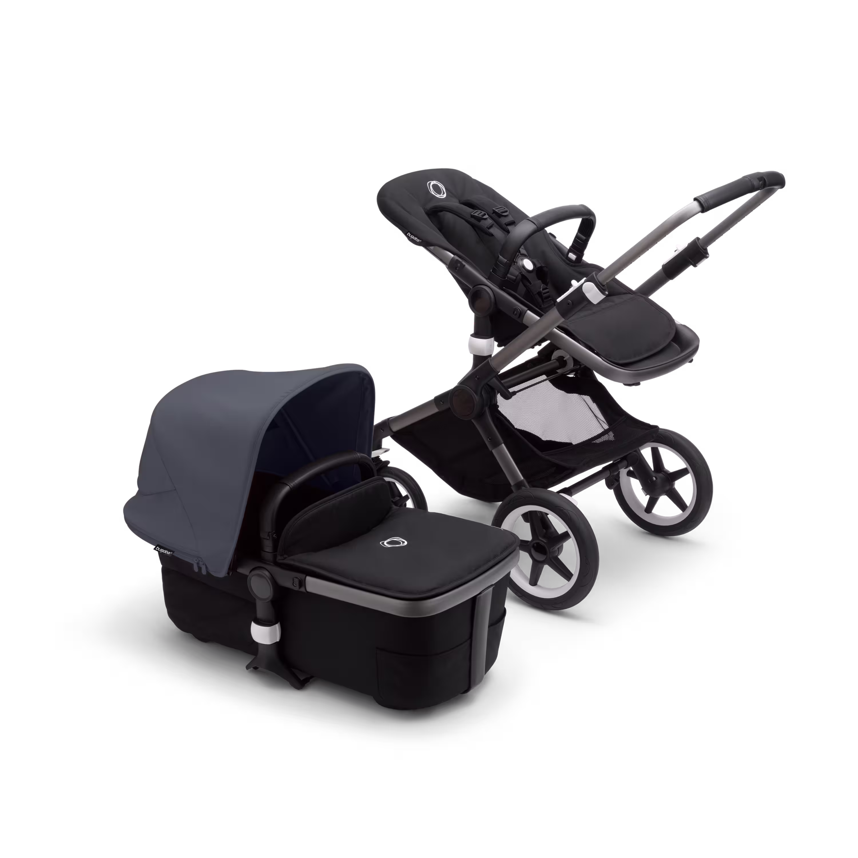 Bugaboo Fox 3 bassinet and seat stroller with black frame, grey fabrics, and stormy blue sun canopy. - Main Modal Image Slide 6 of 7