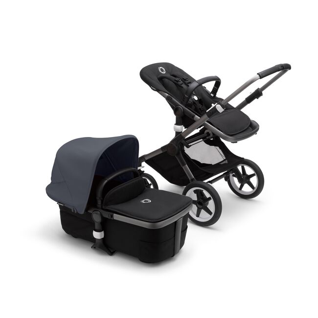 Bugaboo Fox 3 bassinet and seat stroller with black frame, grey fabrics, and stormy blue sun canopy. - Main Image Slide 6 of 7