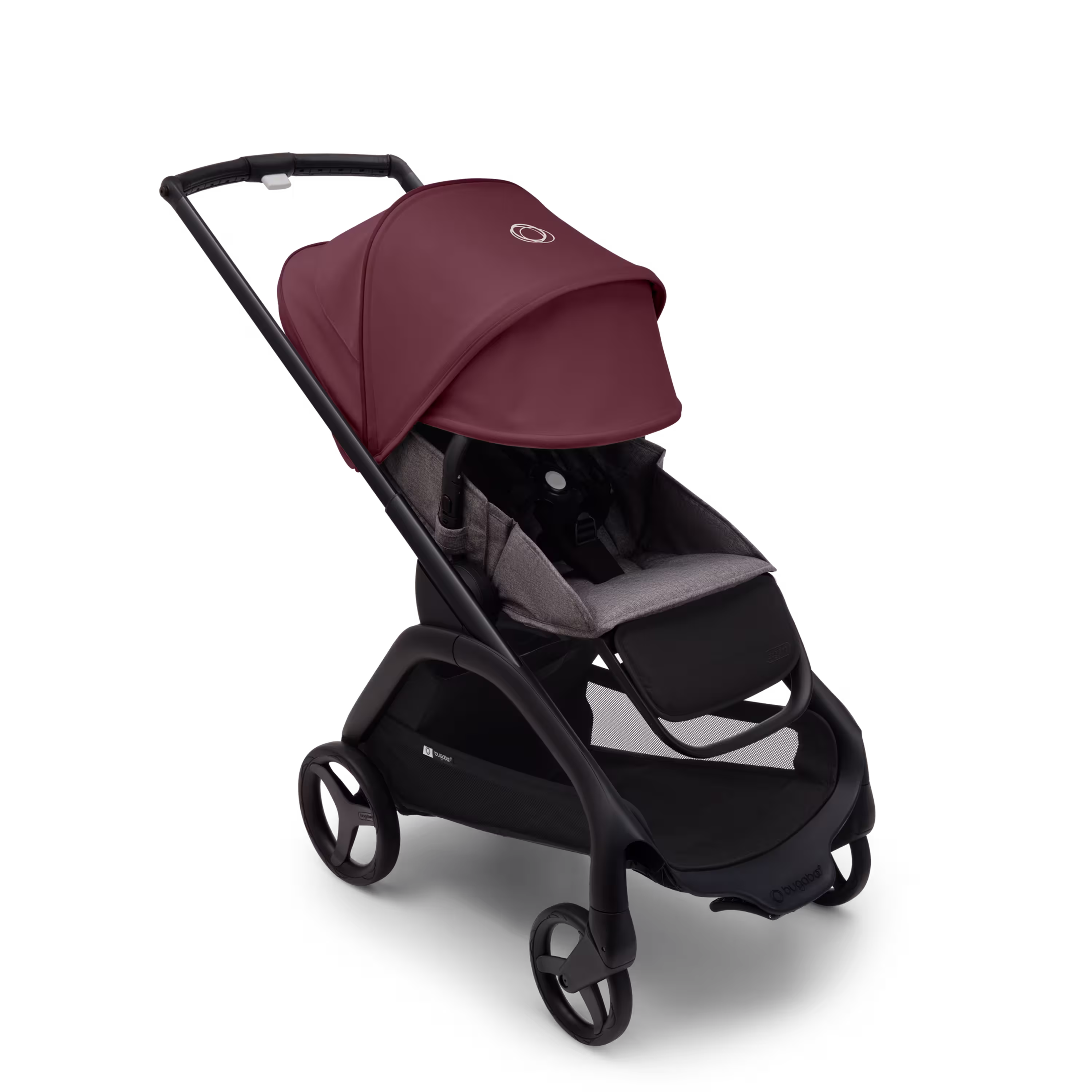 ブラックのシャーシ、グレーメランジのファブリック、グレーメランジのサンキャノピーを装着したバガブー ドラゴンフライ シートストローラー。 最大限に伸長させたサンキャノピー。 - Main Modal Image Slide 3 of 16