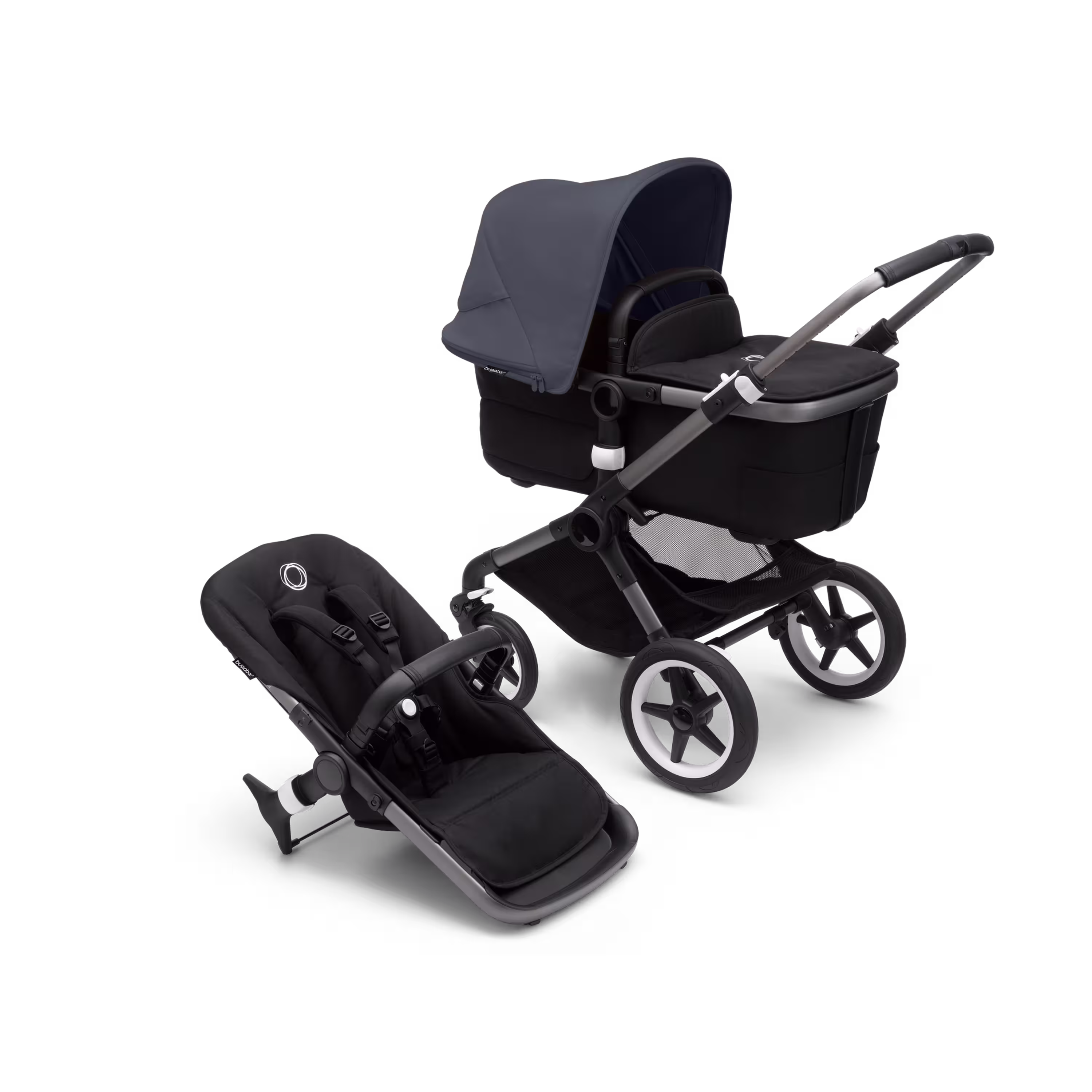 Bugaboo Fox 3 bassinet and seat stroller with black frame, grey fabrics, and stormy blue sun canopy. - Main Modal Image Slide 5 of 7
