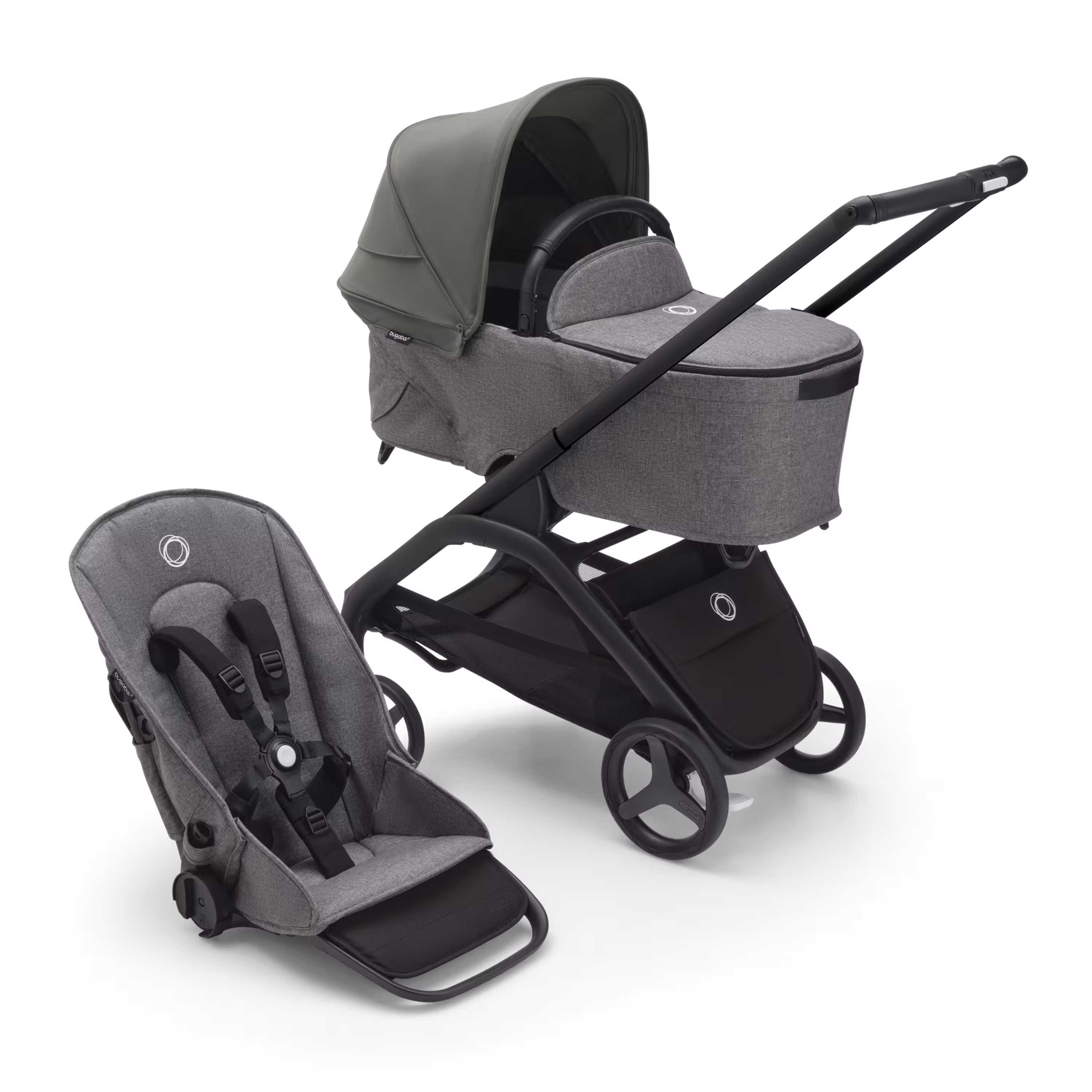 Bugaboo Dragonfly bassinet and seat stroller with black chassis, grey melange fabrics and forest green sun canopy. - Main Modal Image Slide 1 of 16
