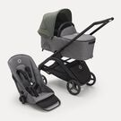 Bugaboo Dragonfly bassinet and seat stroller with black chassis, grey melange fabrics and forest green sun canopy.