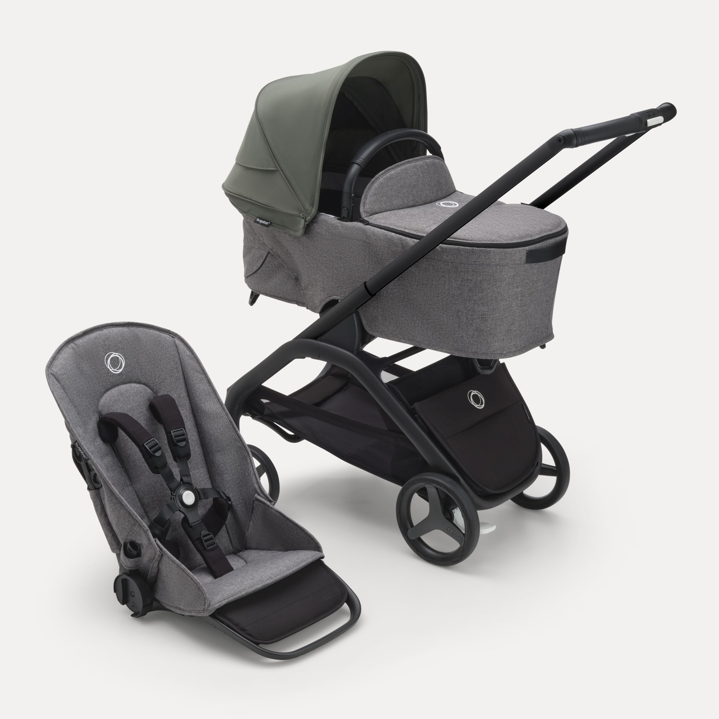 Bugaboo Dragonfly bassinet and seat stroller with black chassis, grey melange fabrics and forest green sun canopy. - Main Modal Image Slide 1 of 16