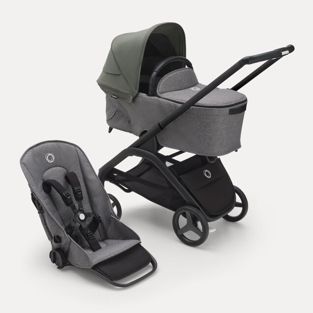 Bugaboo Dragonfly bassinet and seat stroller with black chassis, grey melange fabrics and forest green sun canopy. - Main Image Slide 1 of 16
