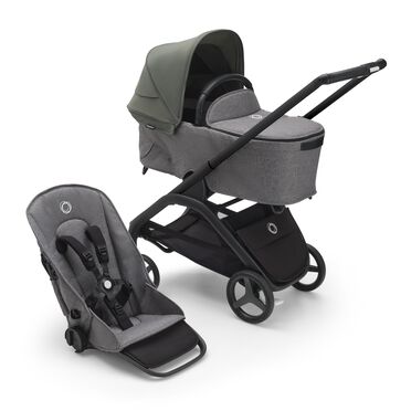 Bugaboo Dragonfly bassinet and seat stroller with black chassis, grey melange fabrics and forest green sun canopy.