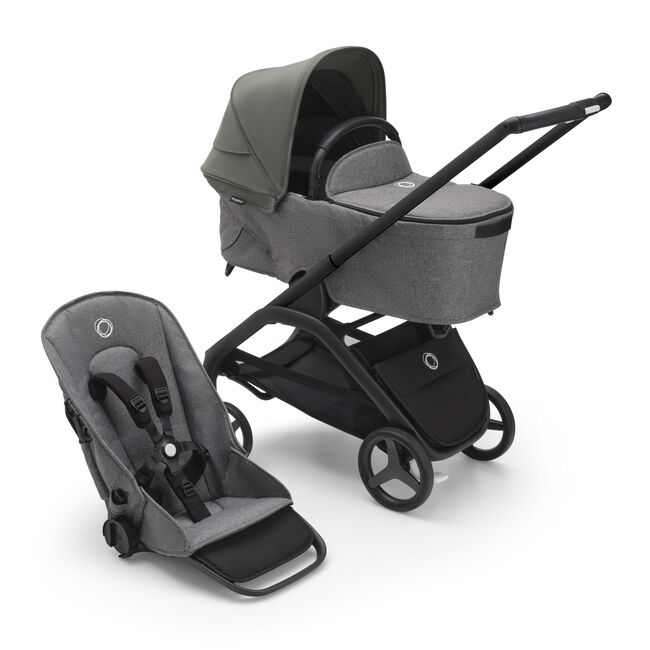 Bugaboo Dragonfly bassinet and seat stroller with black chassis, grey melange fabrics and forest green sun canopy. - Main Image Slide 1 of 18