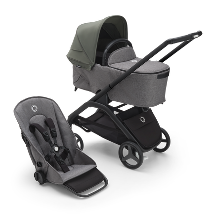 Bugaboo Dragonfly bassinet and seat stroller with black chassis, grey melange fabrics and forest green sun canopy.