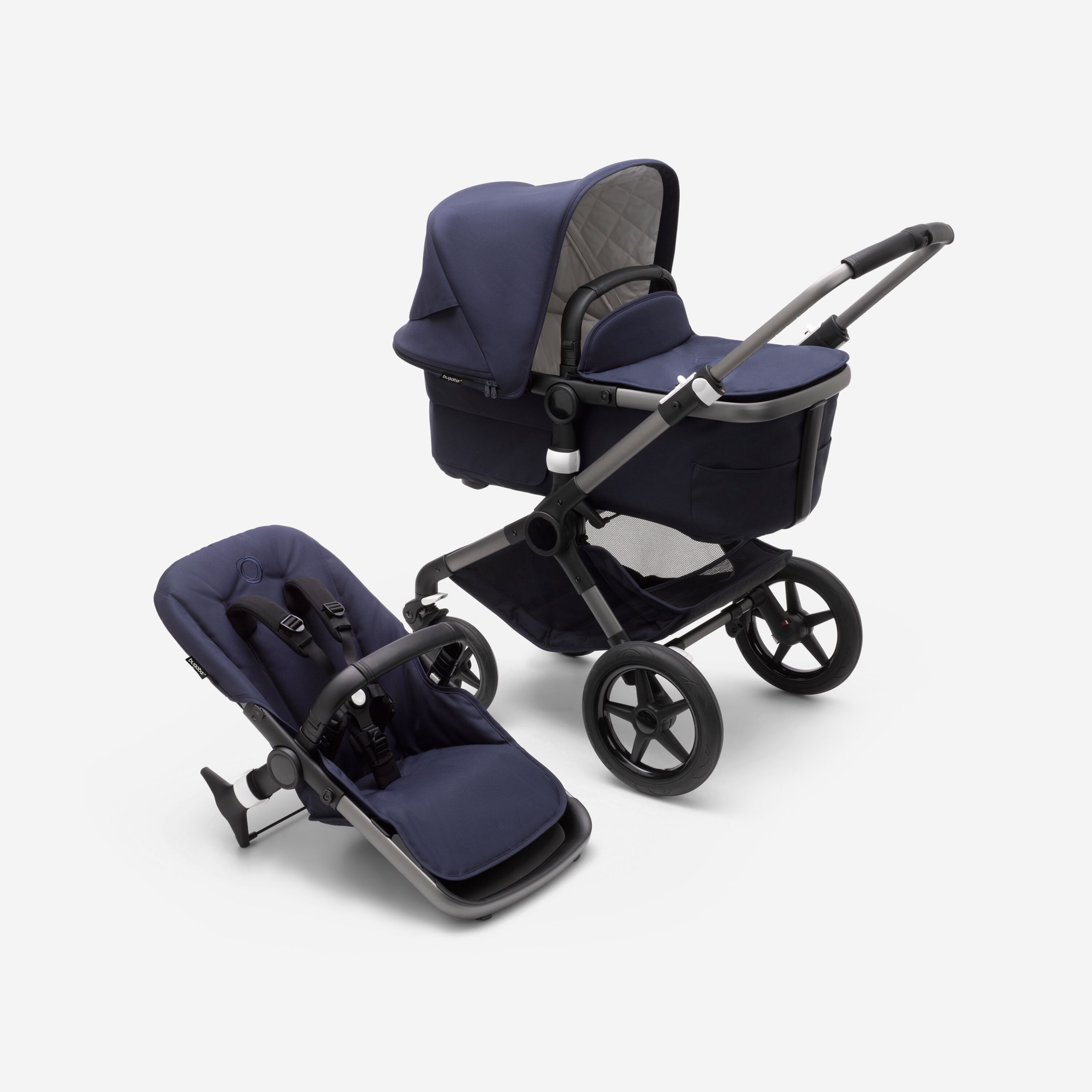 Bugaboo Fox 3 carrycot and seat pushchair with graphite frame, dark navy fabrics, and dark navy sun canopy. - Main Modal Image Slide 1 of 13