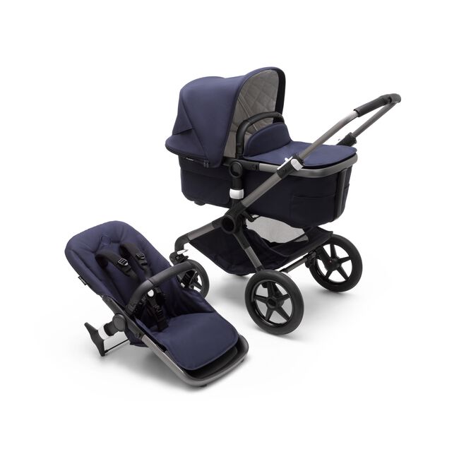 Bugaboo Fox 3 carrycot and seat pushchair with graphite frame, dark navy fabrics, and dark navy sun canopy. - Main Image Slide 1 of 13