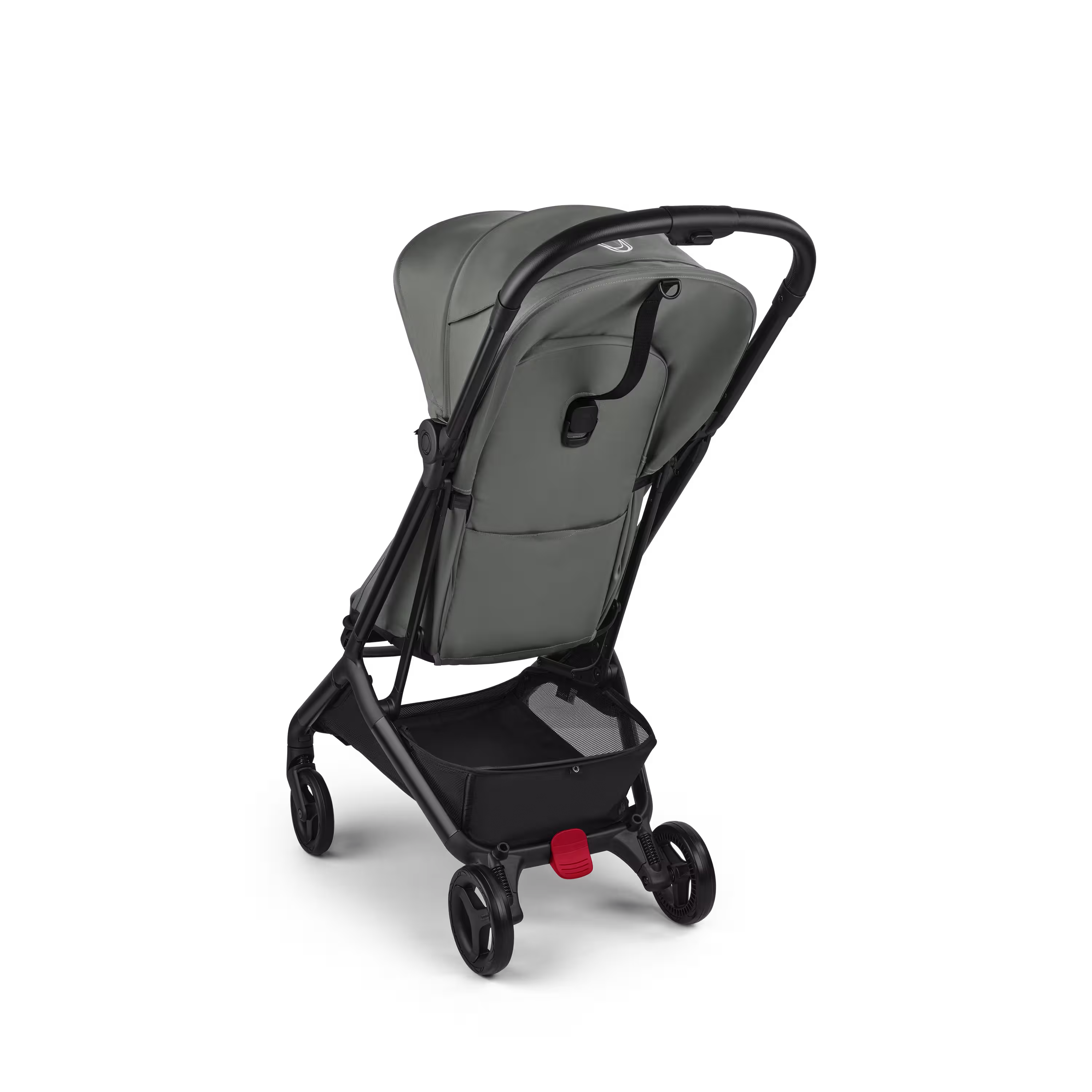 View from the back of a Bugaboo Butterfly 2 ultra-compact travel pram with black chassis, Forest Green fabrics, and Forest Green sun canopy. - Main Modal Image Slide 3 of 9