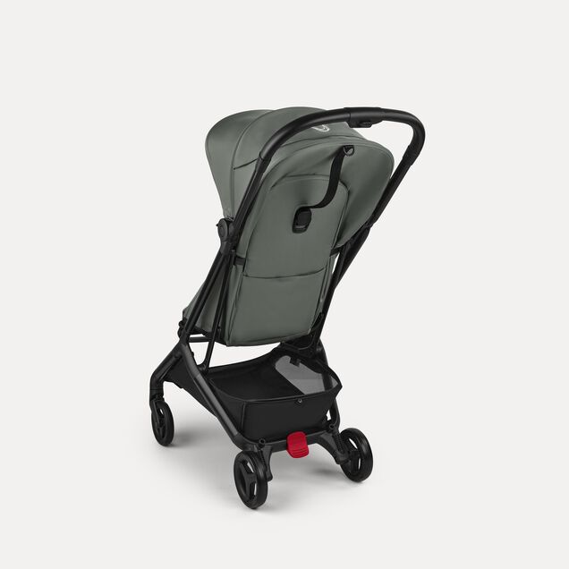View from the back of a Bugaboo Butterfly 2 ultra-compact travel pram with black chassis, Forest Green fabrics, and Forest Green sun canopy. - Main Image Slide 3 of 9