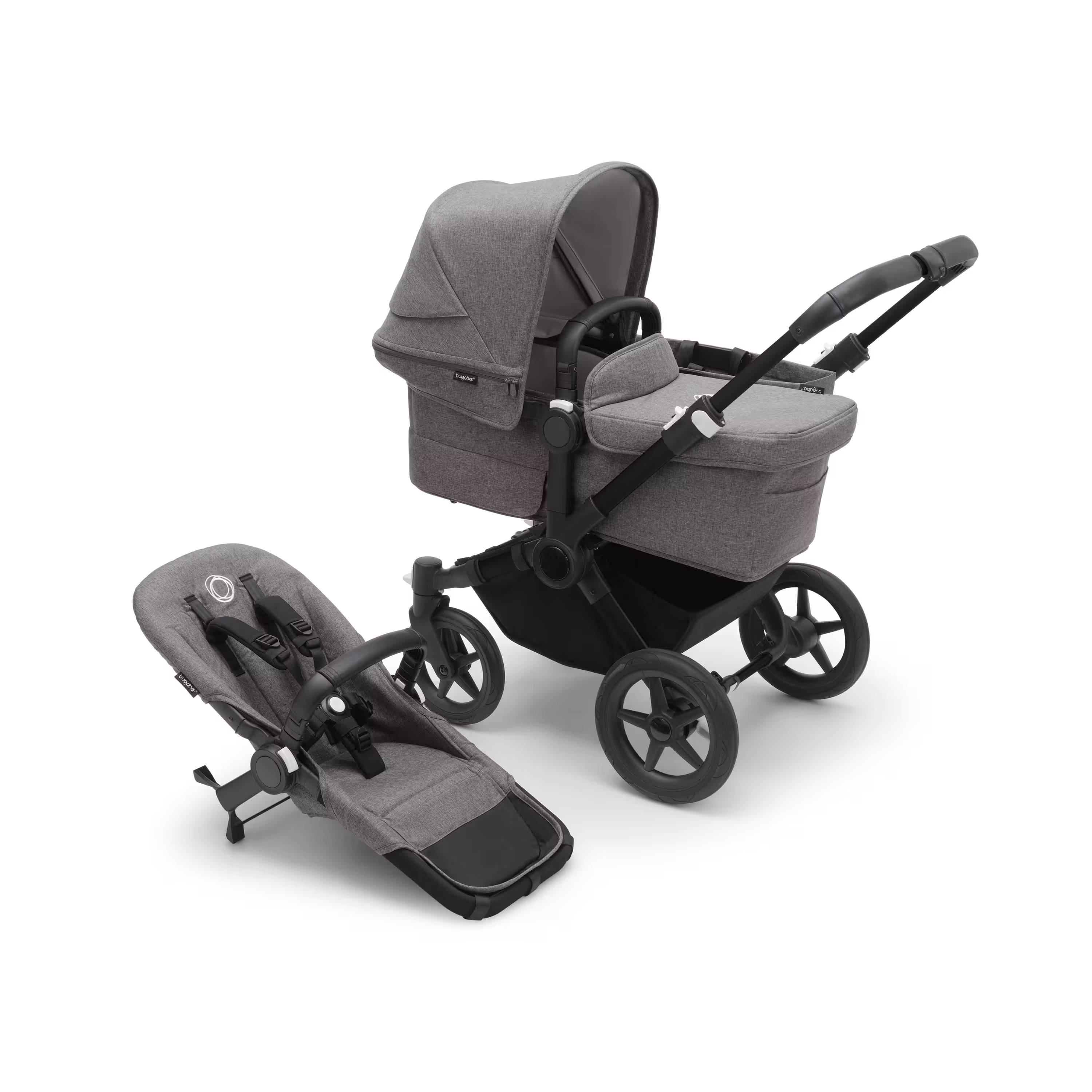 PP Bugaboo Donkey 5 Mono bassinet and seat stroller black base, grey mélange fabrics, grey mélange sun canopy - Main Modal Image Slide 1 van 9