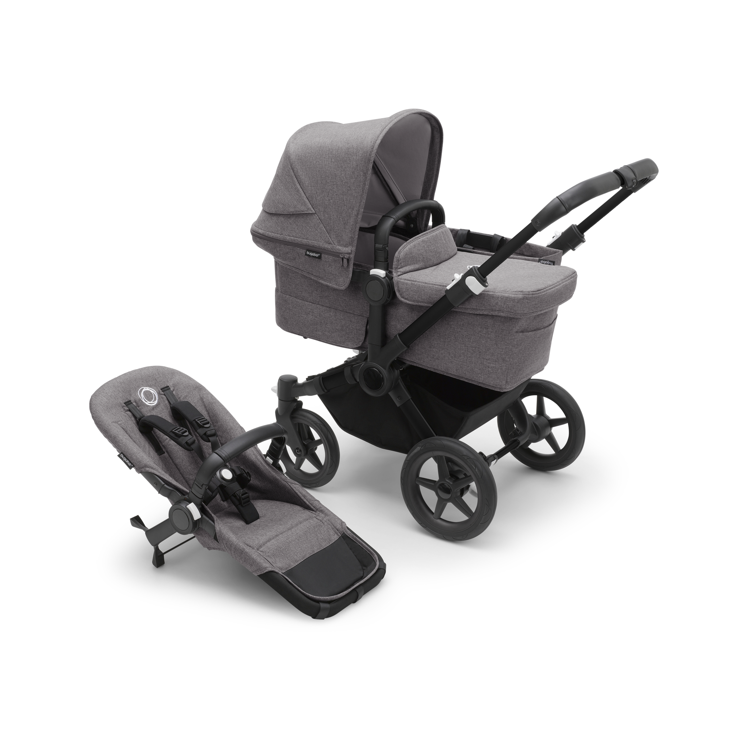 PP Bugaboo Donkey 5 Mono bassinet and seat stroller black base, grey mélange fabrics, grey mélange sun canopy - Thumbnail Slide 1 of 9
