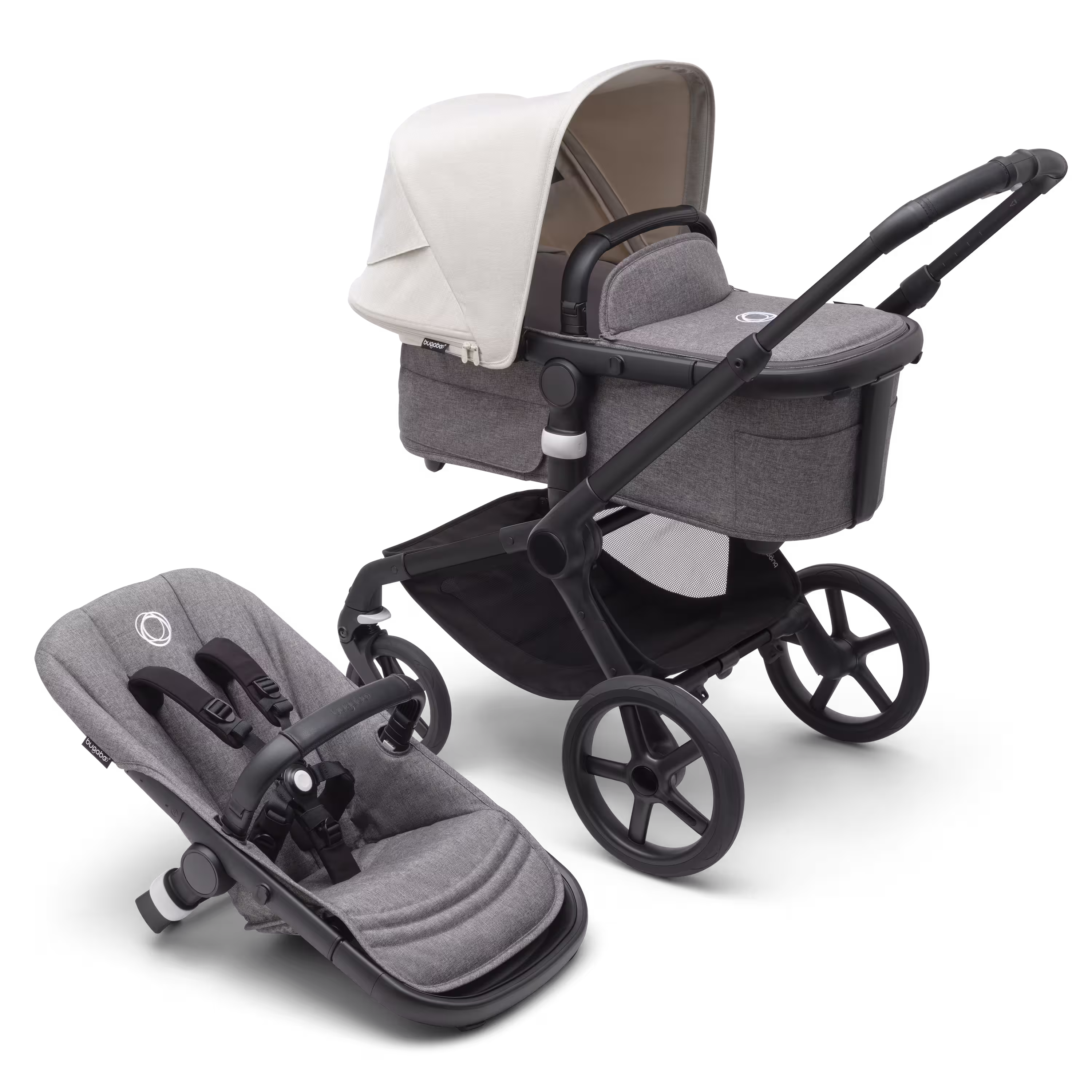 Bugaboo Fox 5 2-in-1 stroller black base, grey melange fabrics, misty white sun canopy - Main Modal Image Slide 1 of 12