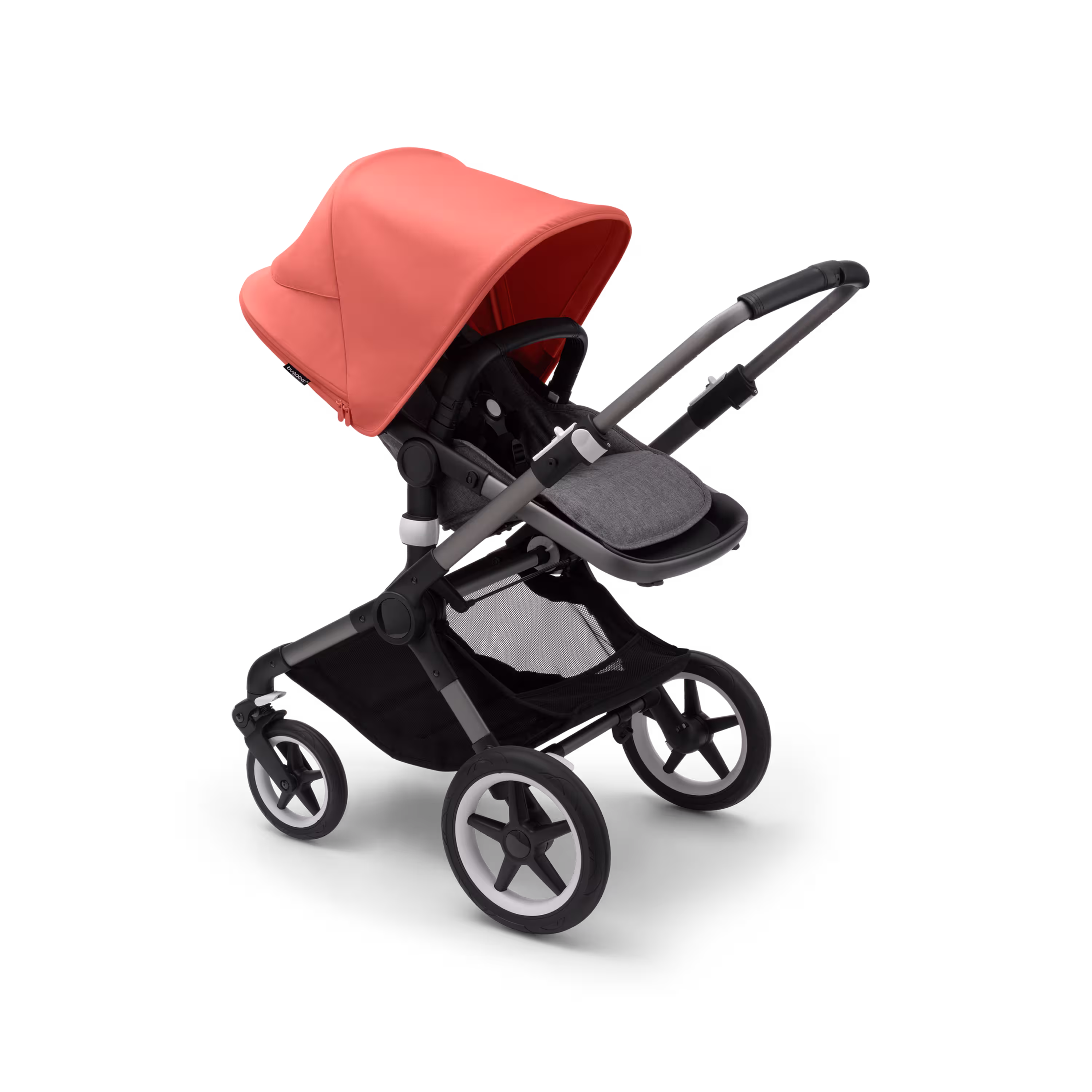 Bugaboo Fox 3 seat stroller with graphite frame, grey fabrics, and red sun canopy. - Main Modal Image Slide 6 of 7