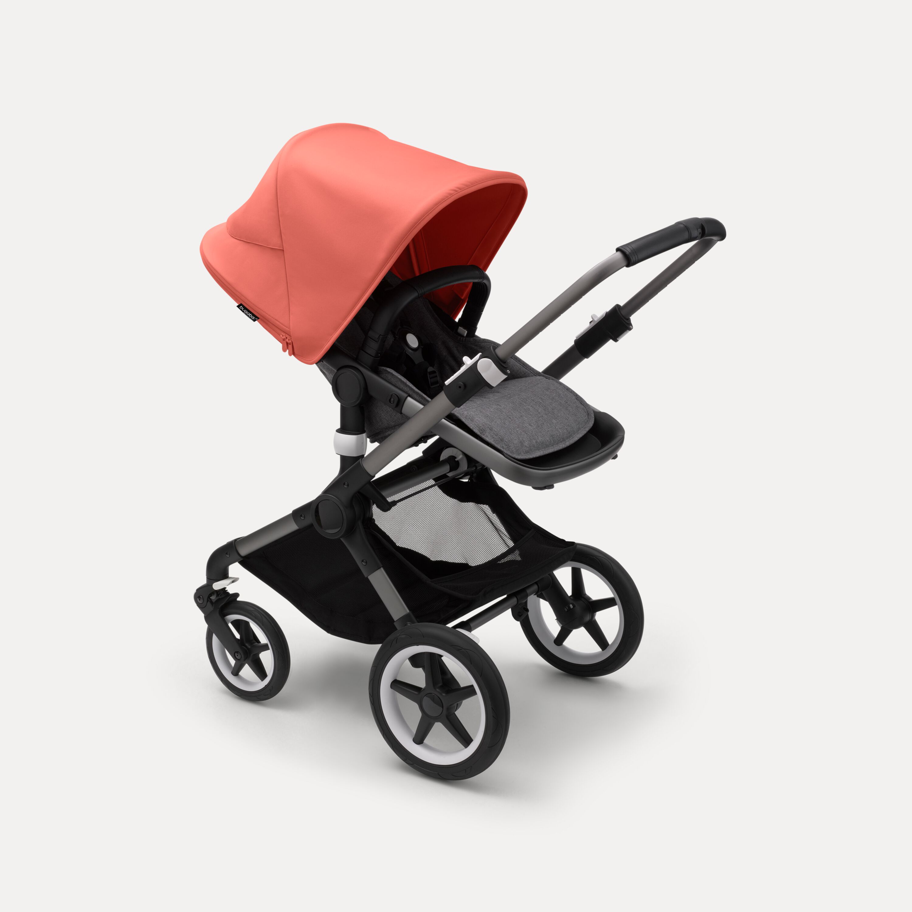 Bugaboo Fox 3 seat stroller with graphite frame, grey fabrics, and red sun canopy. - Main Modal Image Slide 6 of 7