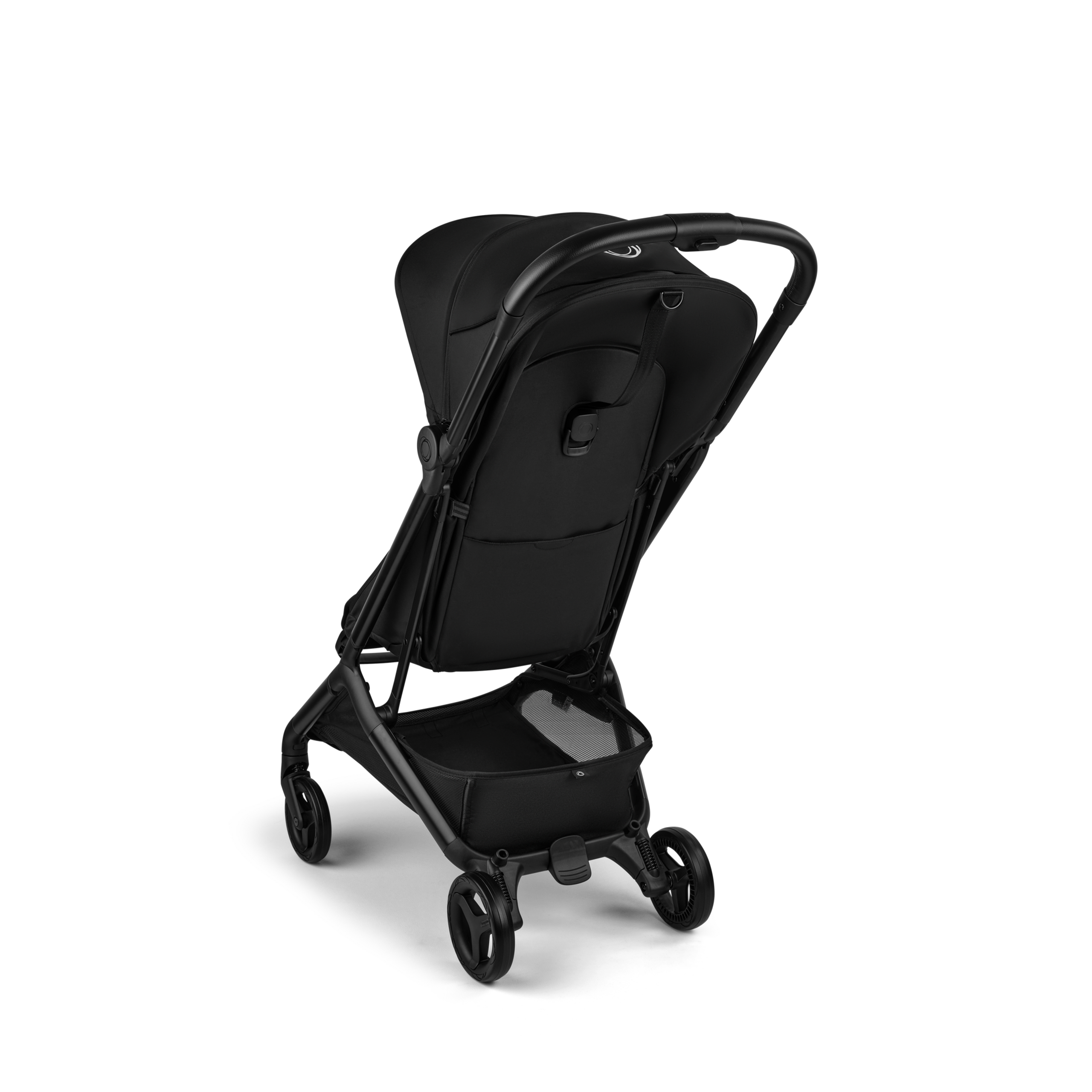 View from the back of a Bugaboo Butterfly 2 ultra-compact travel pushchair with black chassis, Heritage Black fabrics, and Heritage Black sun canopy. - Thumbnail Slide 3 of 8