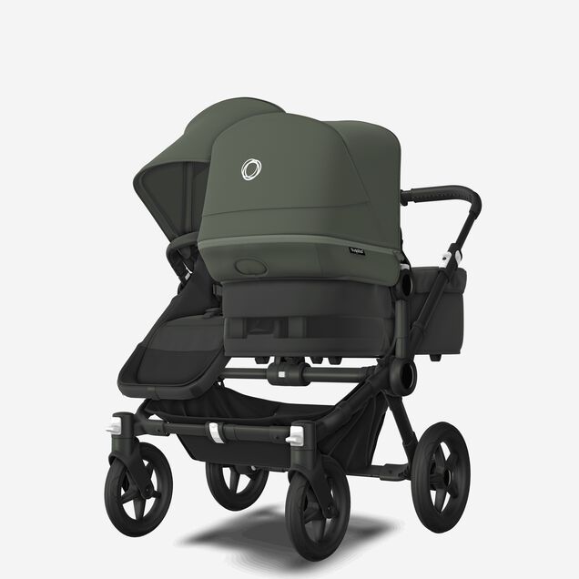Bugaboo Donkey 5 Duo double stroller black base, midnight black fabrics, forest green sun canopy - Main Image Slide 3 of 11