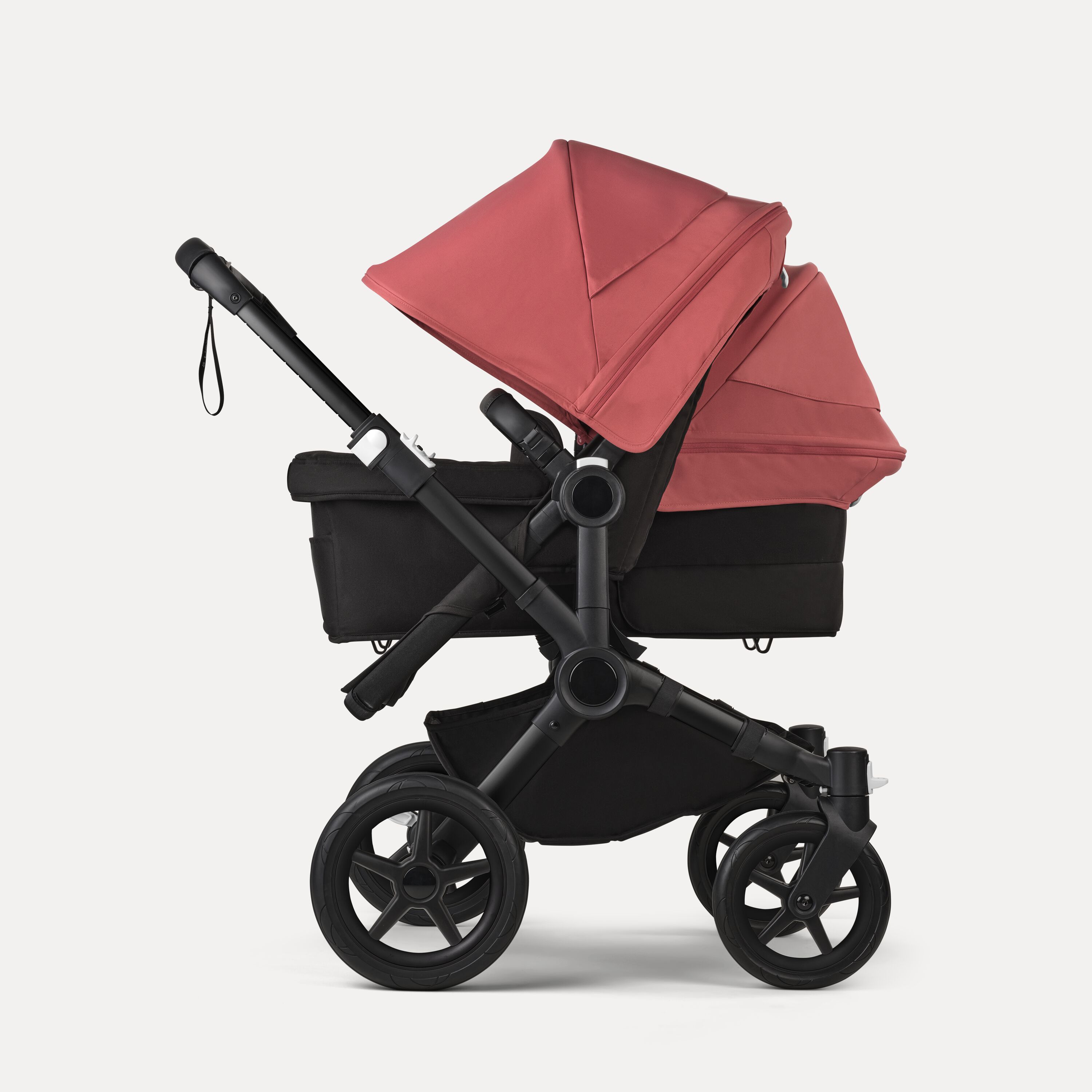 Bugaboo Donkey 5 Duo double stroller black base, midnight black fabrics, sunrise red sun canopy - Main Modal Image Slide 2 of 11