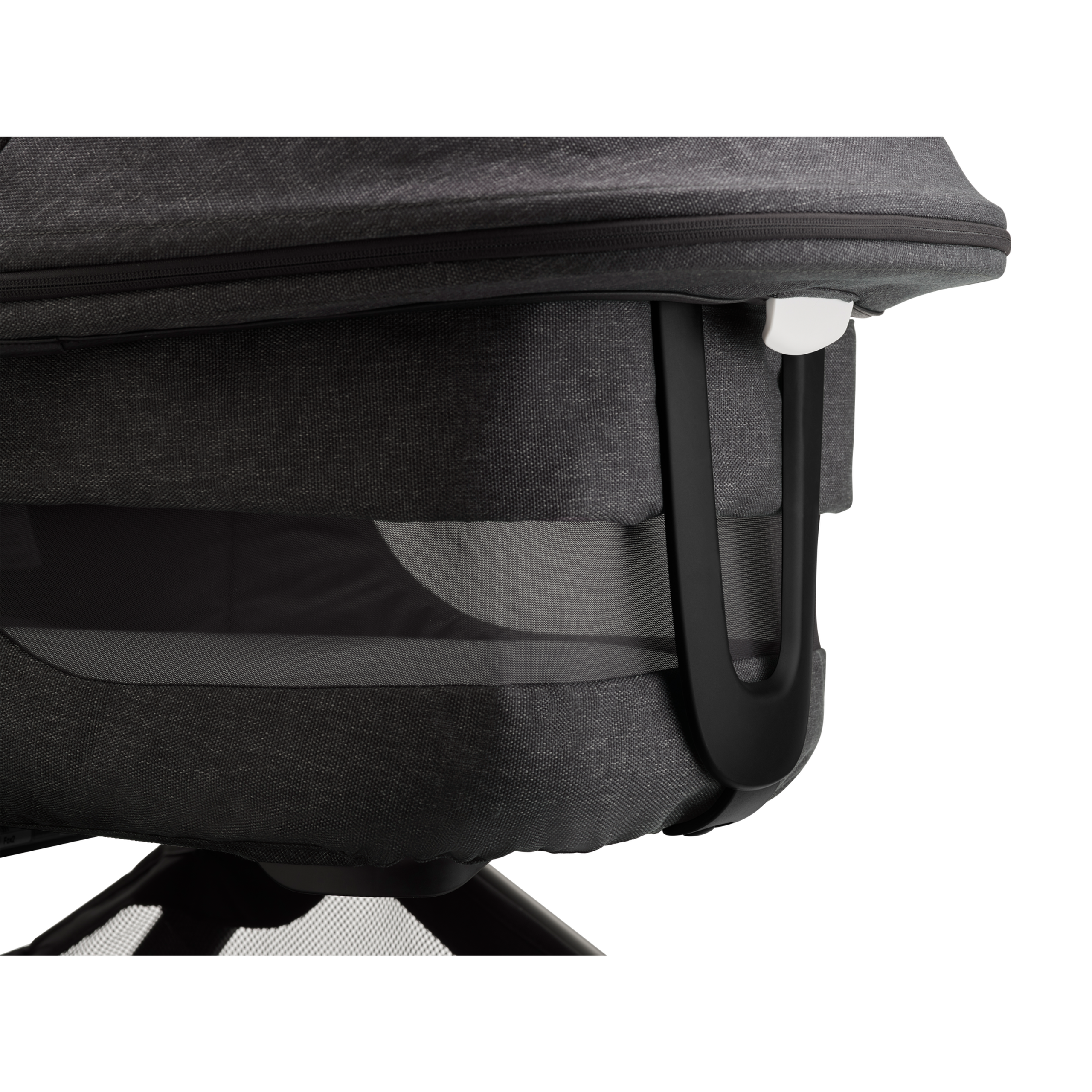 Close up of a Fox 3 pram body with mineral washed black fabrics. - Thumbnail Slide 6 of 15