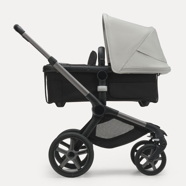 Refurbished Bugaboo Fox 5 bassinet and seat stroller graphite base, midnight black fabrics, misty white sun canopy - Main Image Slide 2 of 12