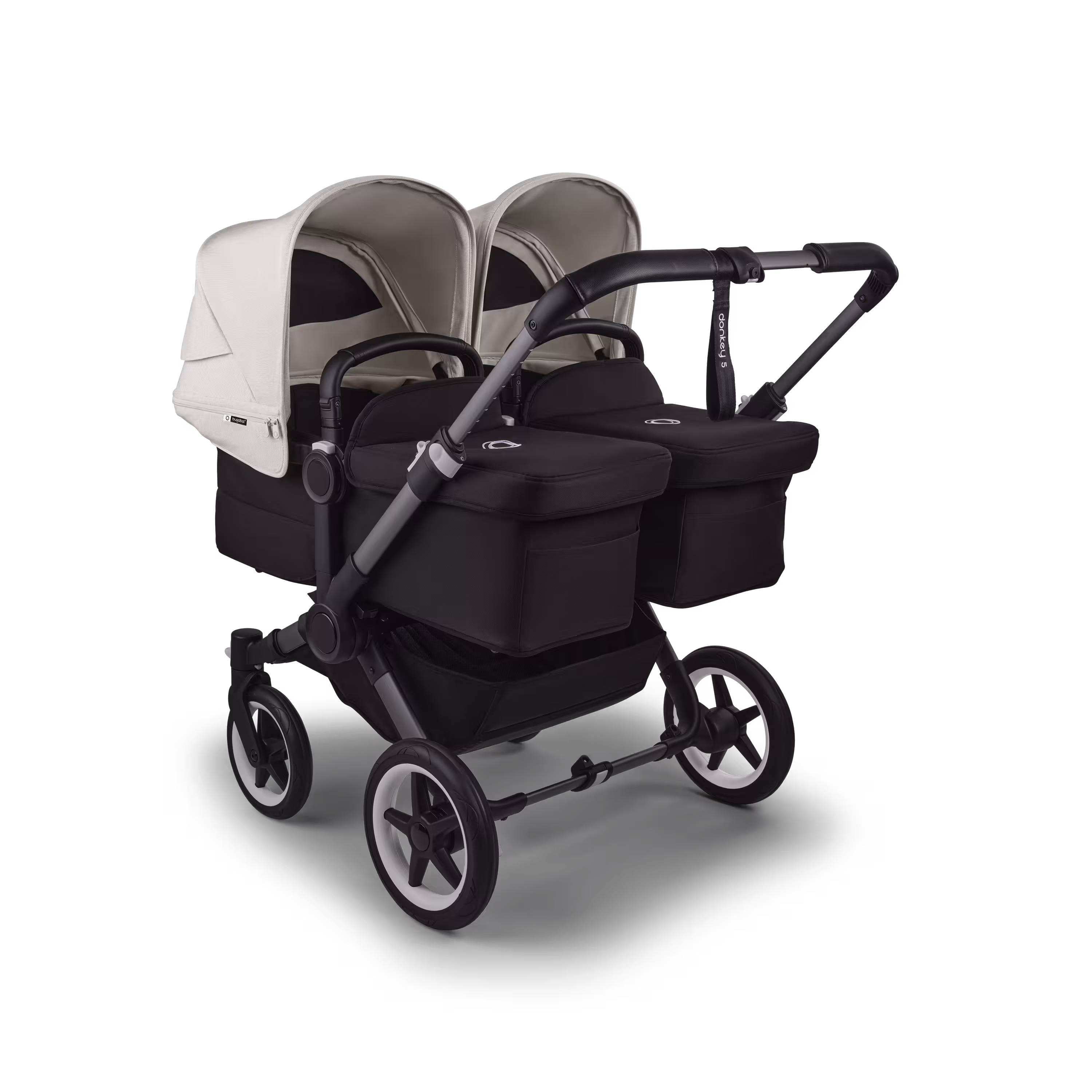 Bugaboo Donkey 5 twin stroller graphite base, midnight black fabrics, misty white sun canopy - Main Modal Image Slide 1 of 12