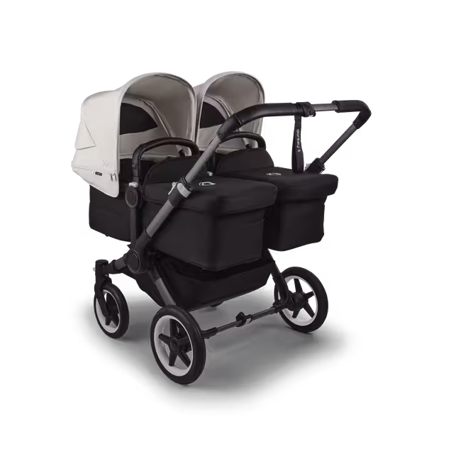 Bugaboo Donkey 5 twin stroller graphite base, midnight black fabrics, misty white sun canopy - Main Image Slide 1 of 12
