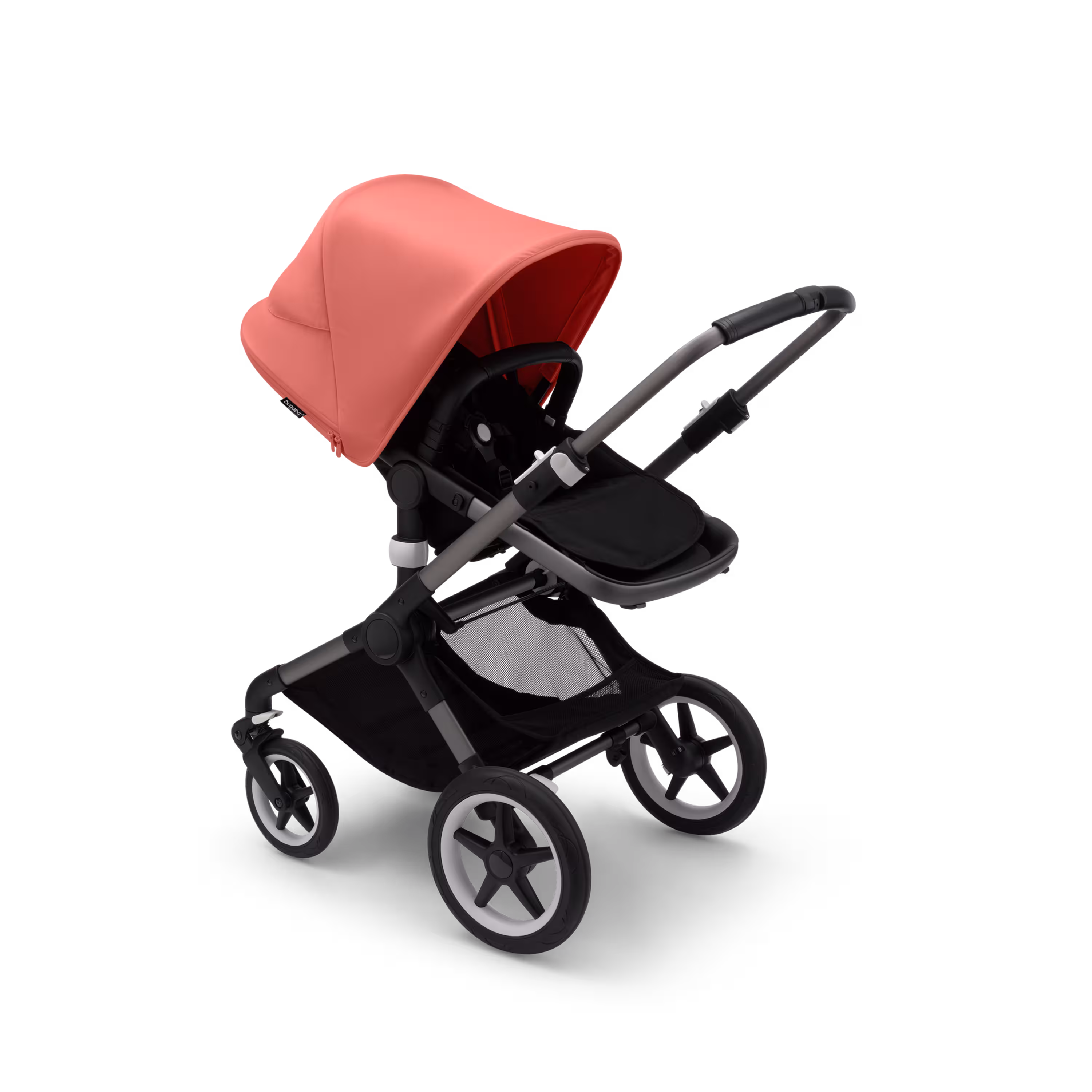Bugaboo Fox 3 seat stroller with graphite frame, black fabrics, and red sun canopy. - Main Modal Image Slide 6 of 9