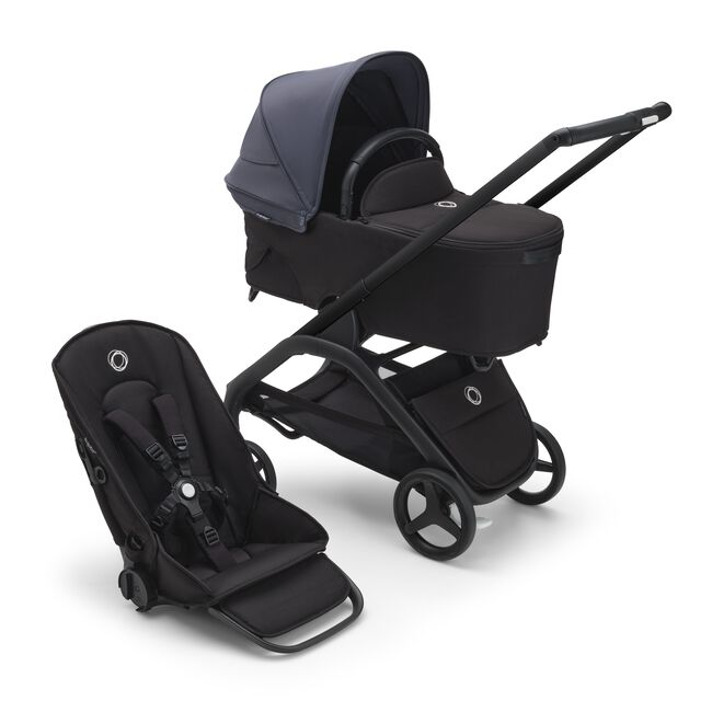 Bugaboo Dragonfly bassinet and seat stroller with black chassis, midnight black fabrics and stormy blue sun canopy.