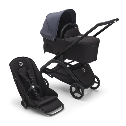 Bugaboo Dragonfly bassinet and seat stroller with black chassis, midnight black fabrics and stormy blue sun canopy. - view 1