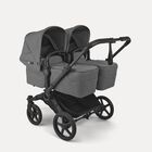 Bugaboo Donkey 6 twin stroller black base, moon grey fabrics, moon grey sun canopy view 1